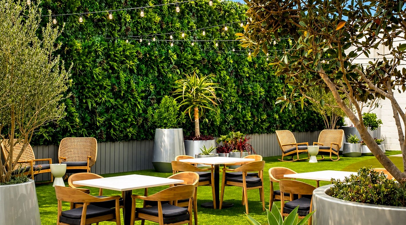 A sunny outdoor lounge with string lights, wooden chairs around small tables, potted plants, and a lush green hedge backdrop, creating a cozy garden vibe.