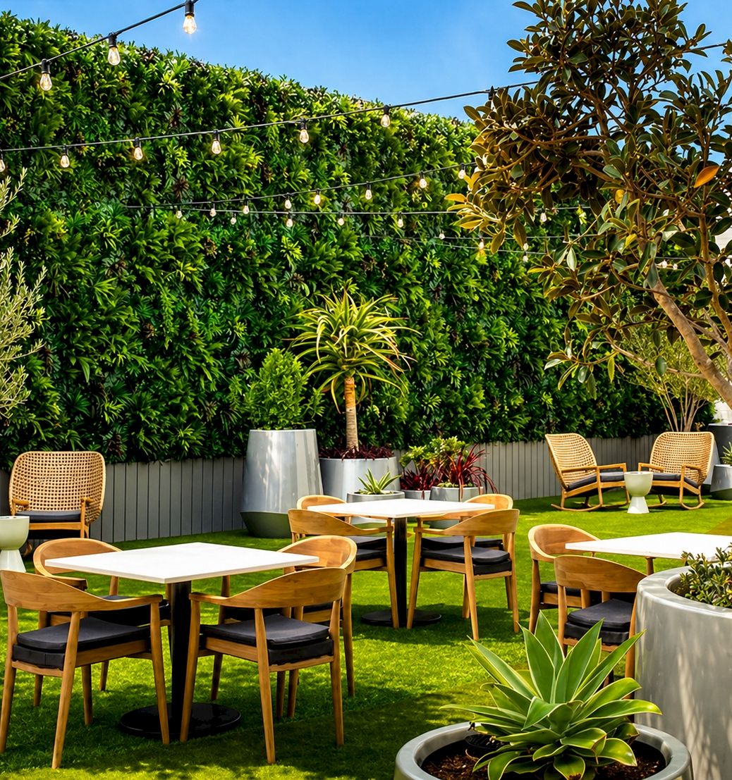 A sunny outdoor cafe or garden seating area with wooden chairs, round tables, string lights, potted plants, and lush green hedges.