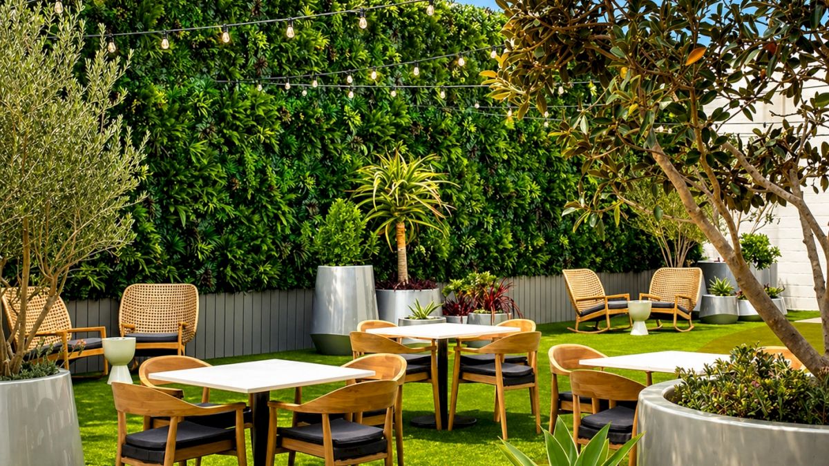 Outdoor patio with string lights, cozy wooden chairs and tables on a grassy yard surrounded by tall hedges and potted plants, relaxing vibe.